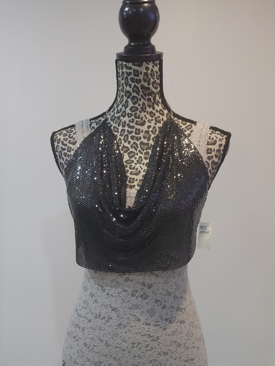 Tops - Black Matel Draped Halter Crop Top